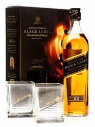 Виски Джонни Уокер Блек Лейбл + 2 стакана в подарочной коробке 0,7 л