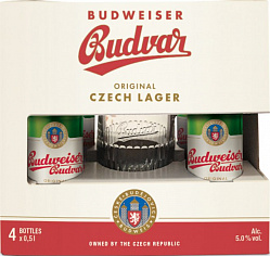 Набор пива Budweiser светлое фильтрованное 0.5л x 4 бутылки и бокал
